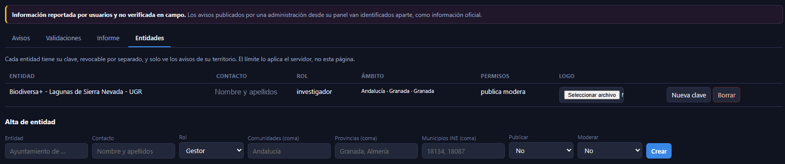 La pestaña Entidades de la página de avisos, con la tabla y el formulario de alta