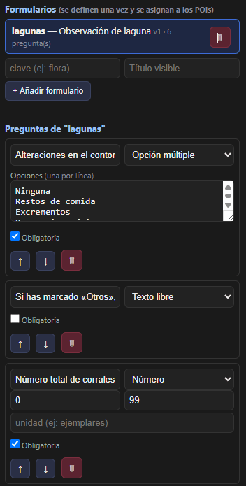 El editor de un formulario con varias preguntas de tipos distintos