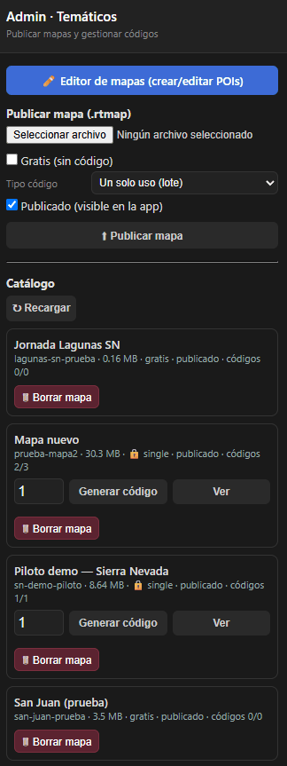 El panel Admin: la caja de publicar un .rtmap y, debajo, el catálogo con un mapa de pago y su contador de códigos